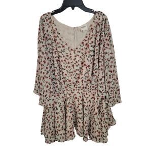 Hayden Tan Floral Print V-Neck Dolman Sleeve Boho Peplum Top Women's Size 2XL
